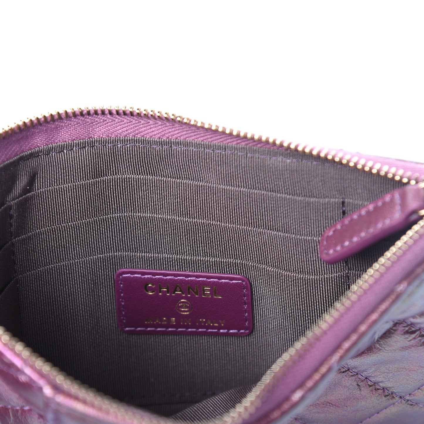 Metallic Aged Calfskin Quilted Classic Flat Wallet Pouch Purple