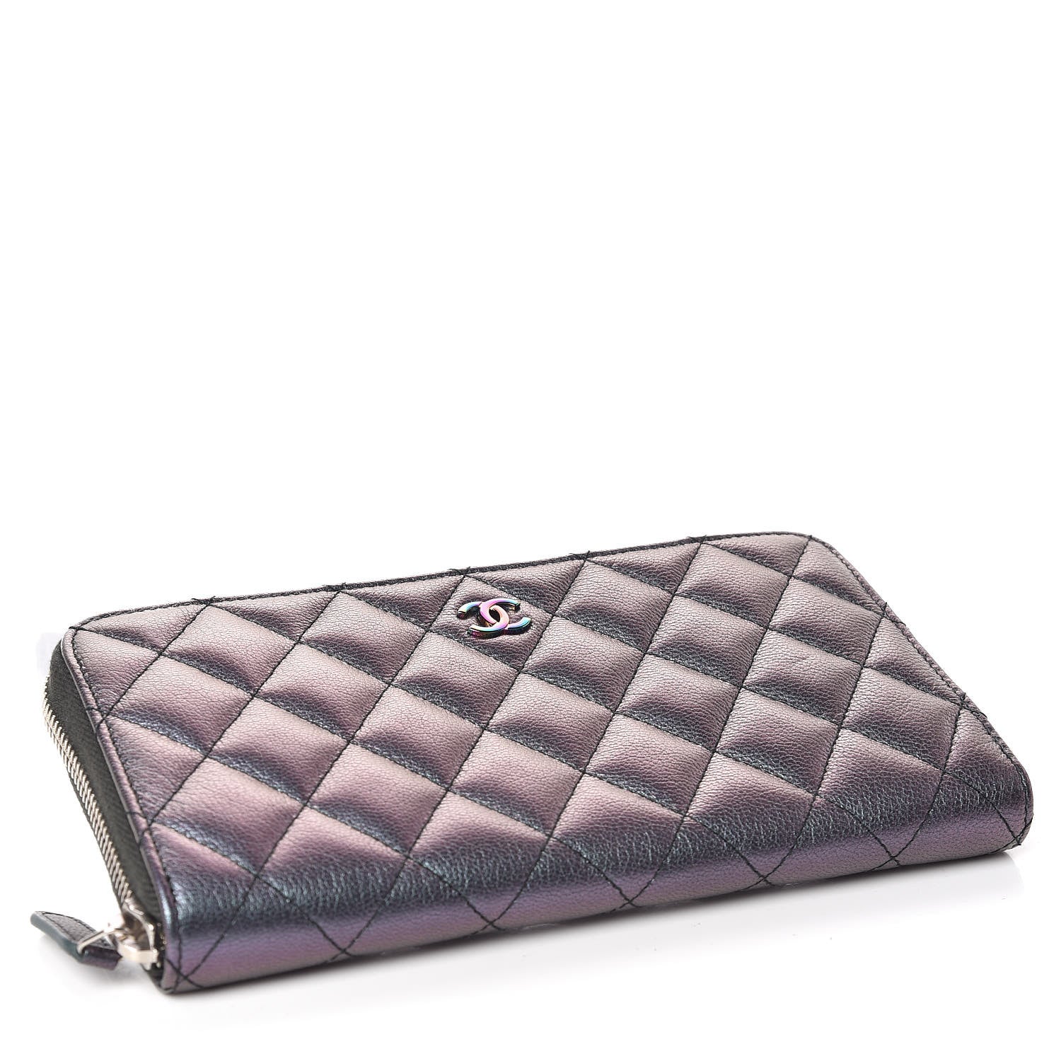 Chanel Iridescent Goatskin Quilted Large Zip Around Wallet Purple 4 of 11