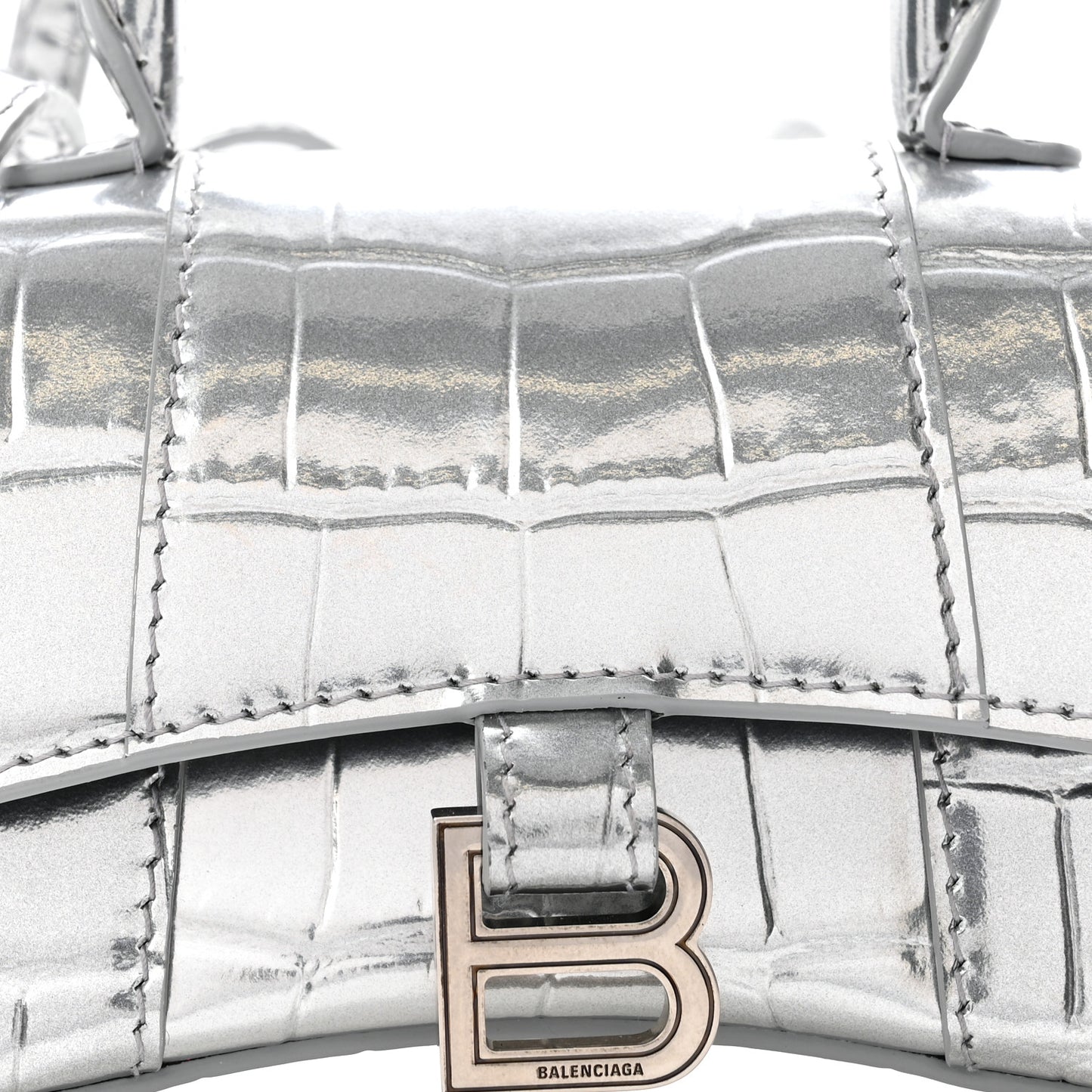Metallic Calfskin Crocodile Embossed Hourglass Top Handle Bag Mini Silver