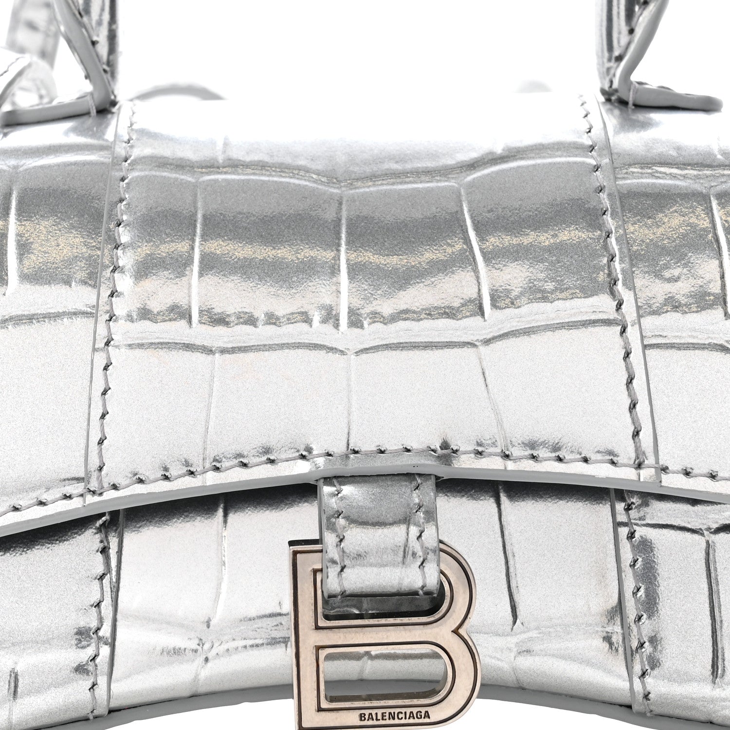 Balenciaga Metallic Calfskin Crocodile Embossed Hourglass Top Handle Bag Mini Silver 7 of 9