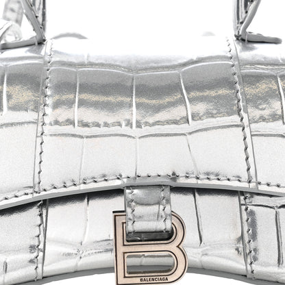 Balenciaga Metallic Calfskin Crocodile Embossed Hourglass Top Handle Bag Mini Silver 7 of 9
