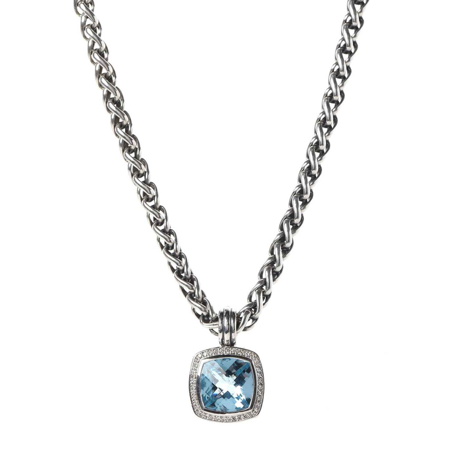 Sterling Silver Diamond Blue Topaz 16mm Albion Enhancer Pendant Wheat Chain Necklace