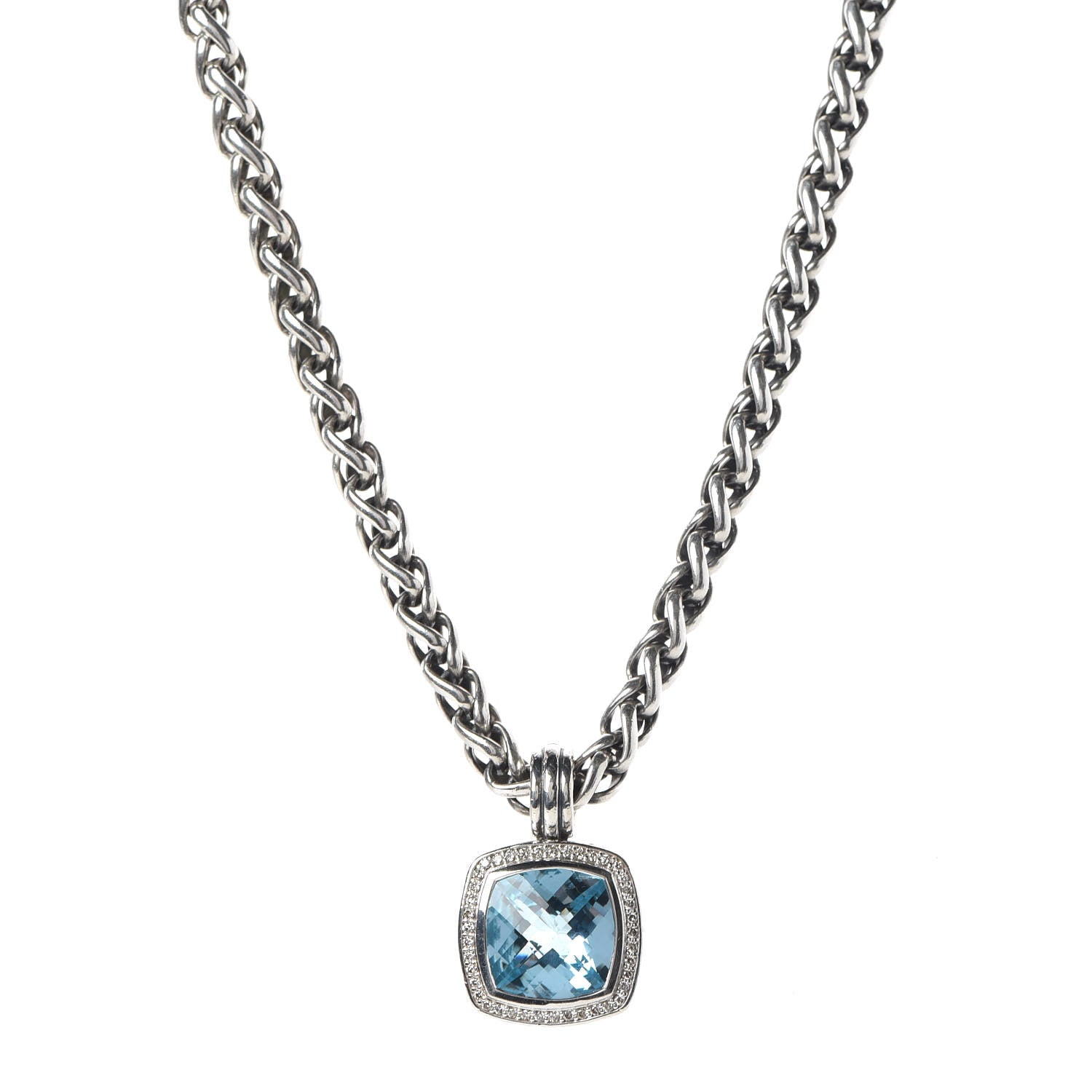 David Yurman Sterling Silver Diamond Blue Topaz 16mm Albion Enhancer Pendant Wheat Chain Necklace 1 of 6