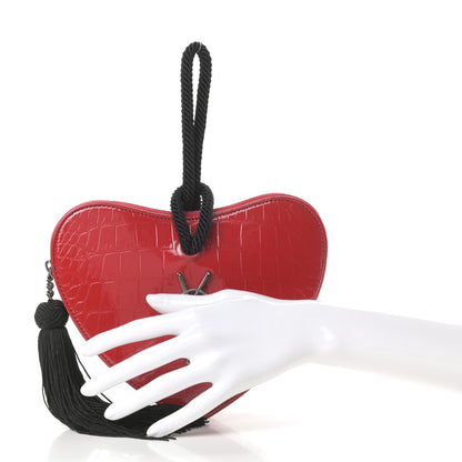 Saint Laurent Patent Crocodile Embossed Sac Coeur Heart Shaped Clutch Red 2 of 7