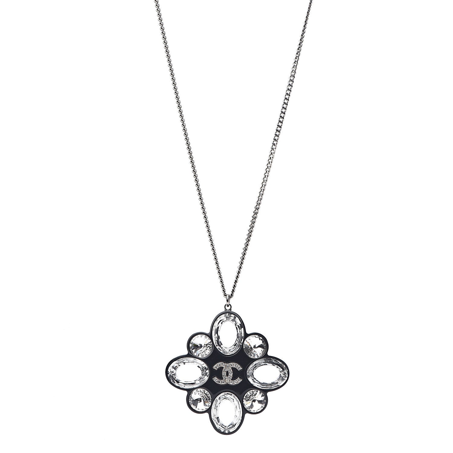 Chanel Resin Crystal CC Pendant Necklace Silver Black 1 of 4