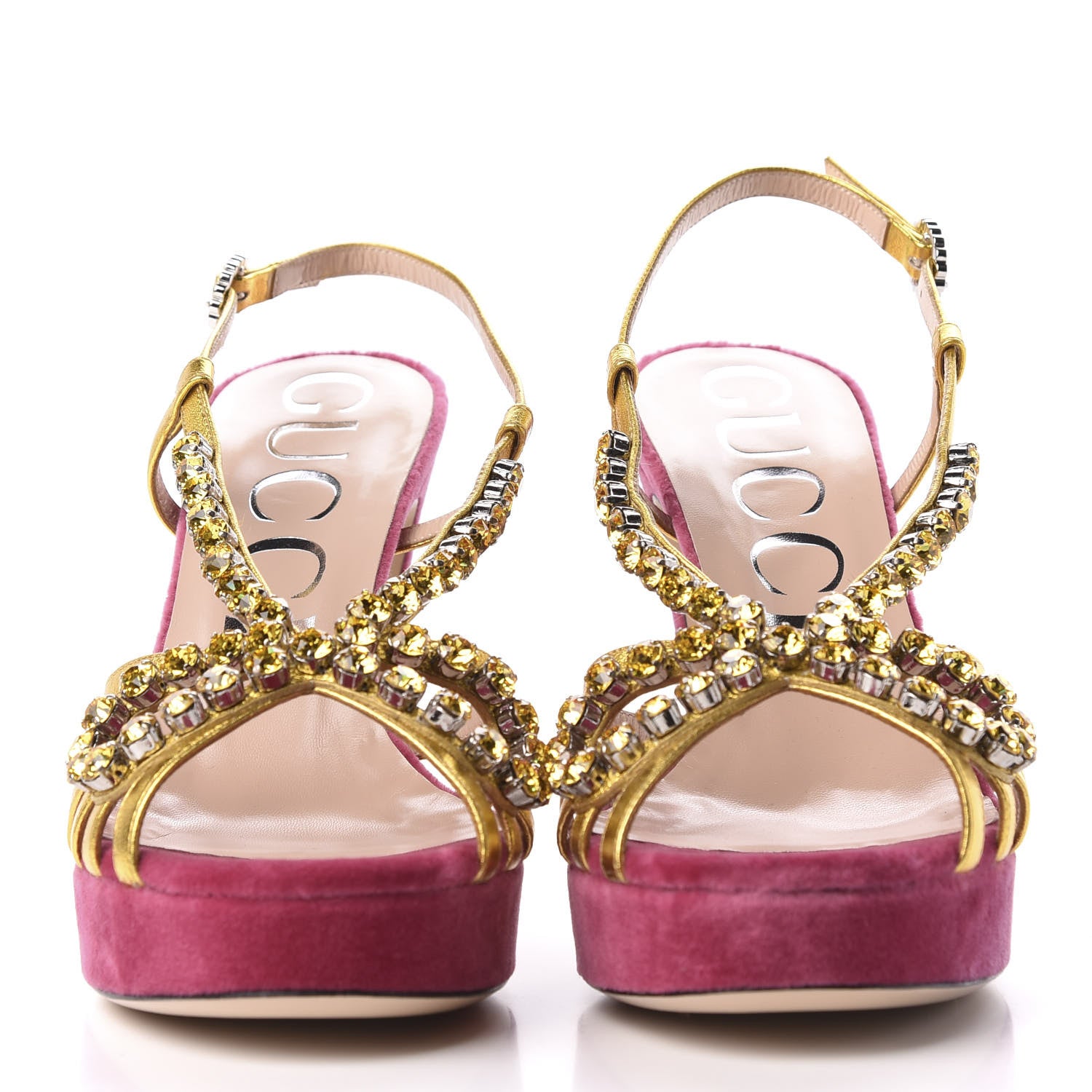 Gucci Velvet Nappa Crystal Zephyra Slingback Platform High Heel Sandals 39 Pink Gold 3 of 9