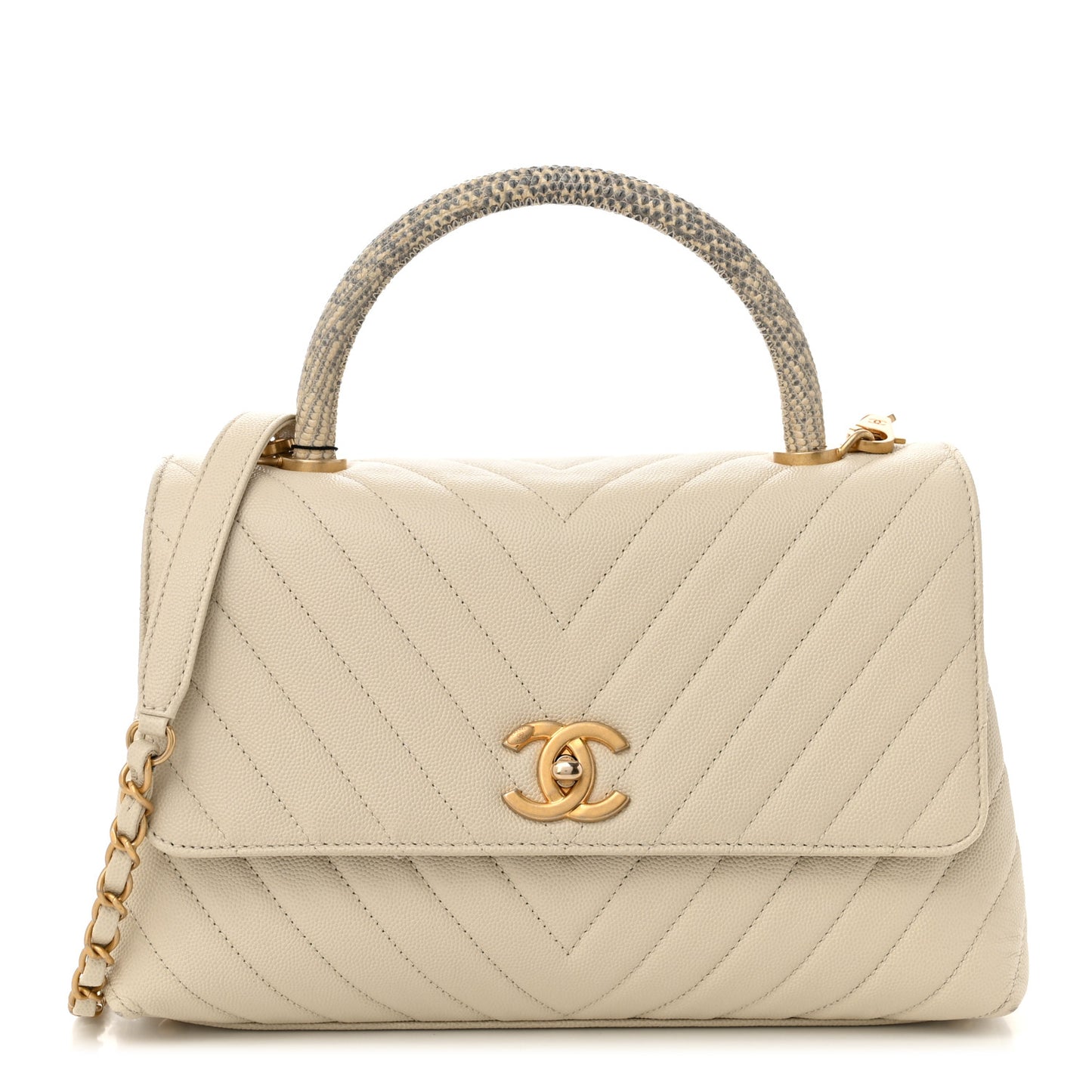Caviar Lizard Chevron Quilted Small Coco Handle Flap Ivory
