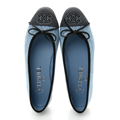 Chanel Denim Printed Quilt CC Cap Toe Ballerina Flats 35 Light Blue Dark Grey 2 of 10