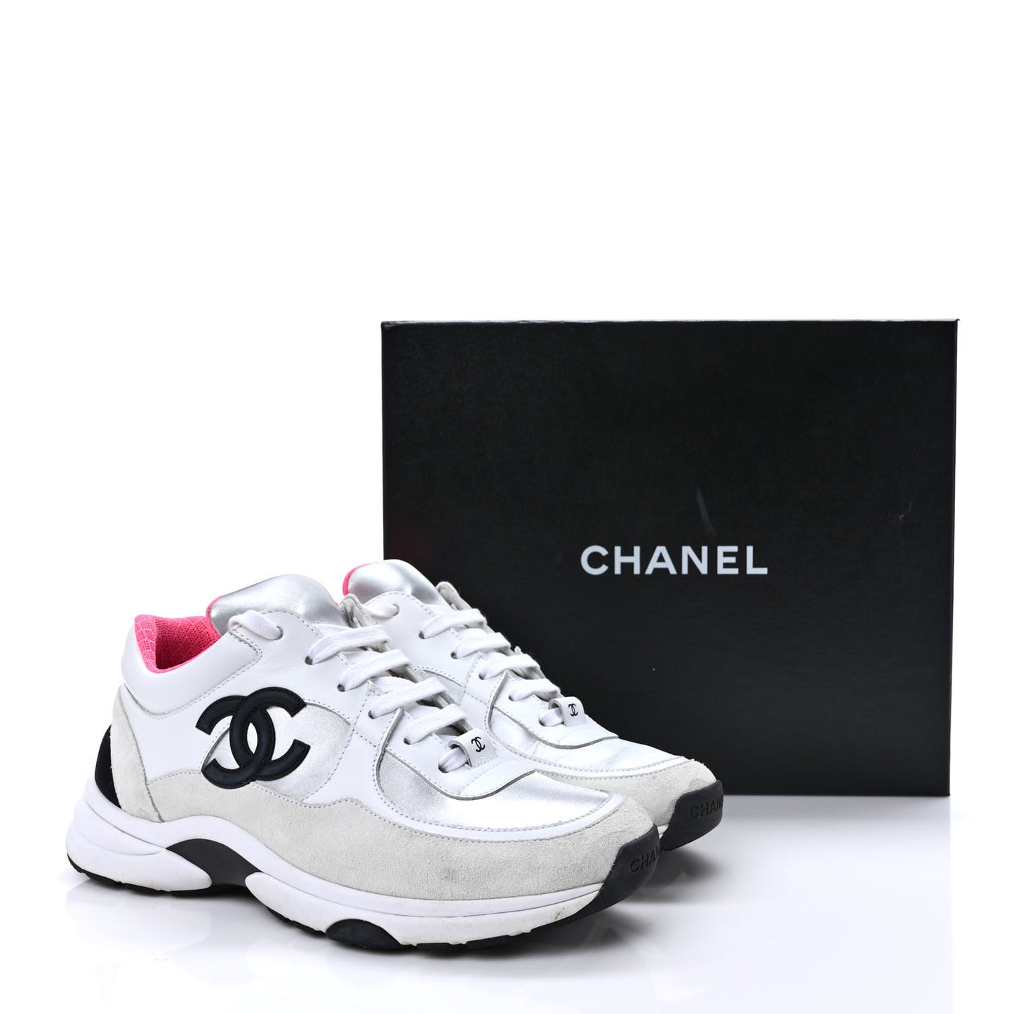 Calfskin Fabric Sneakers 37.5 White Silver Fluo Pink