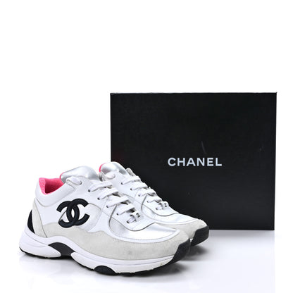 Chanel Calfskin Fabric Sneakers 37.5 White Silver Fluo Pink 9 of 9