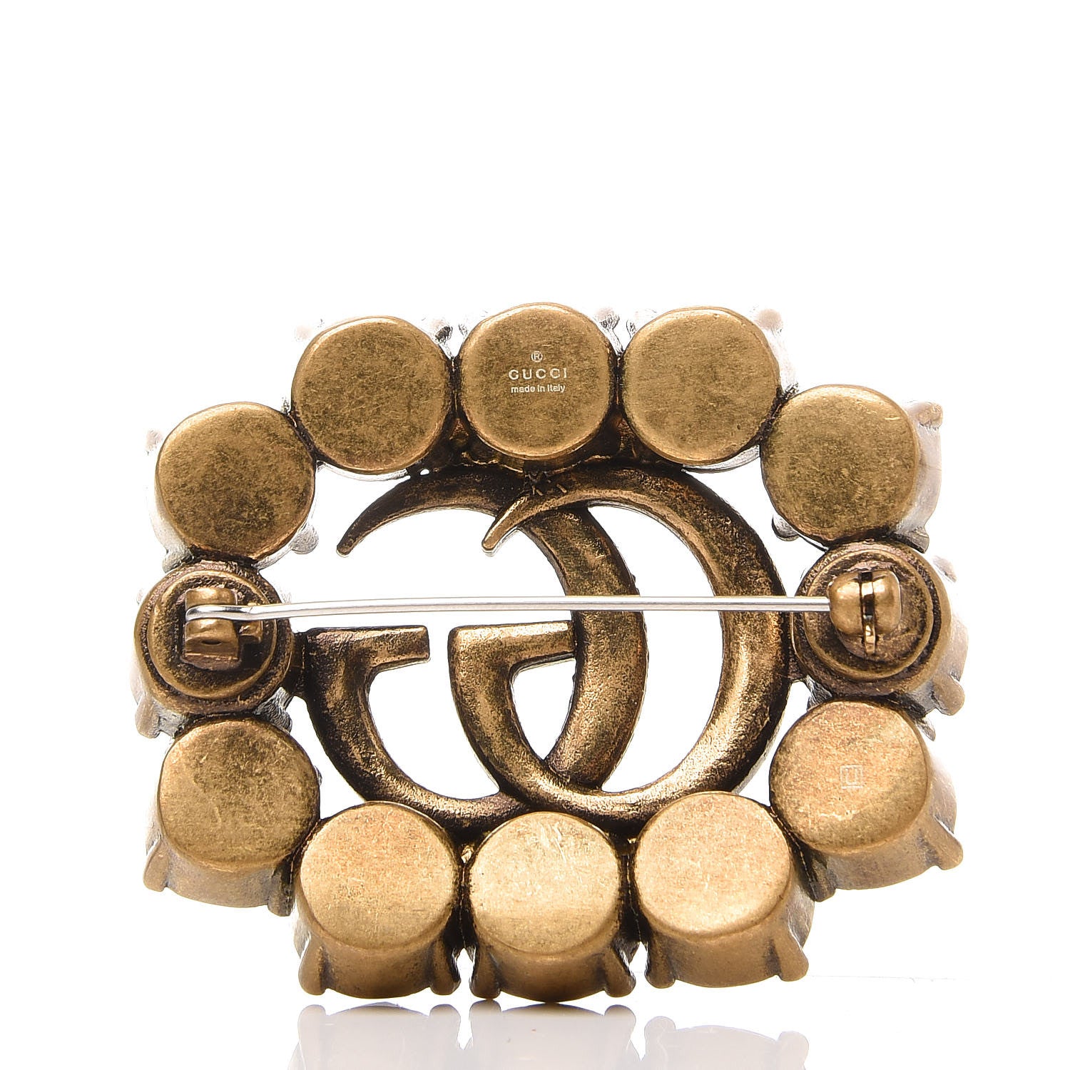 Gucci Metal Crystal Double G Brooch Aged Gold 3 of 5