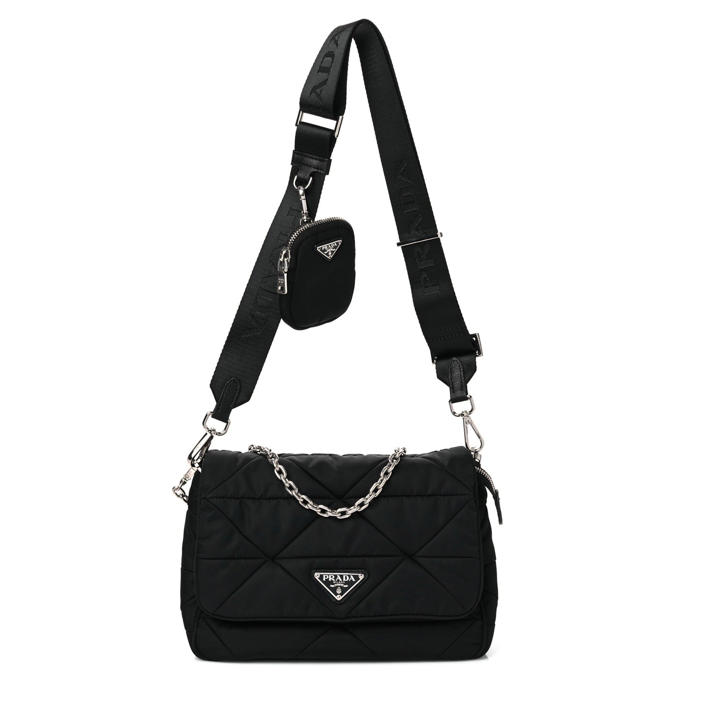 Re-Nylon Quilted Padded Flap Shoulder Bag Black