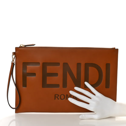 Fendi Vitello King Logo Embossed Large Flat Pouch Cuoio 2 of 8