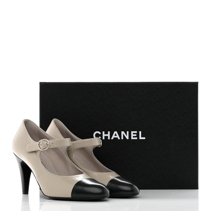 Chanel Shiny Goatskin Cap Toe Mary Jane Pumps 36 Grey Dark Grey 9 of 9
