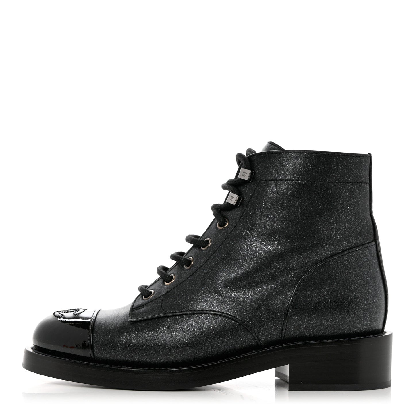 Iridescent Calfskin Patent Cap Toe Combat Boots 36.5 Black