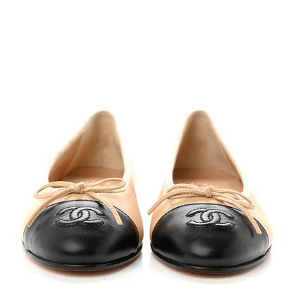 Chanel Lambskin Cap Toe CC Ballerina Flats 35 Beige Black 2 of 8