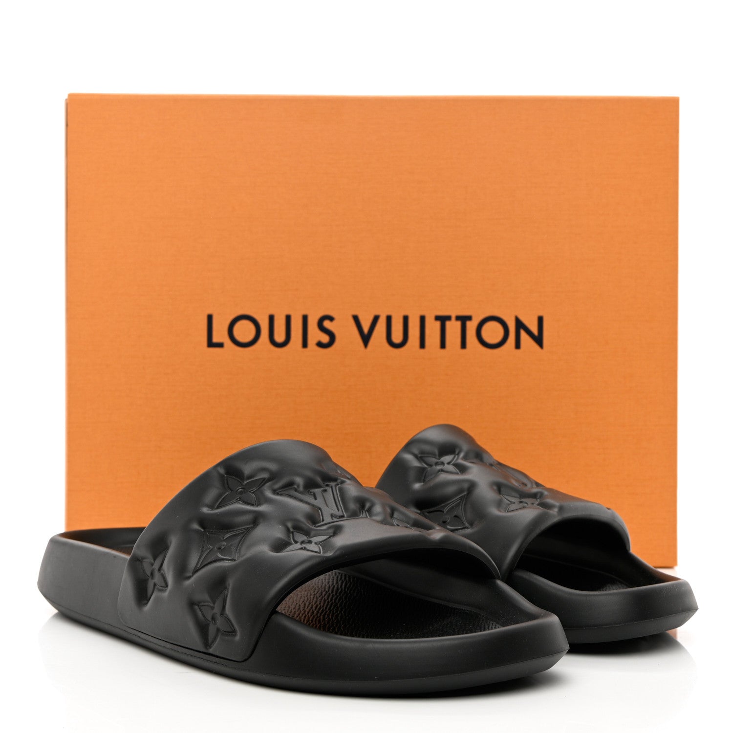 Louis Vuitton Rubber Embossed Monogram Mens Waterfront Mules 9 Black 9 of 9
