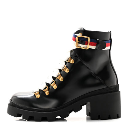 Gucci Calfskin Sylvie Web Womens Lace Up Combat Boots 36.5 Black 1 of 10