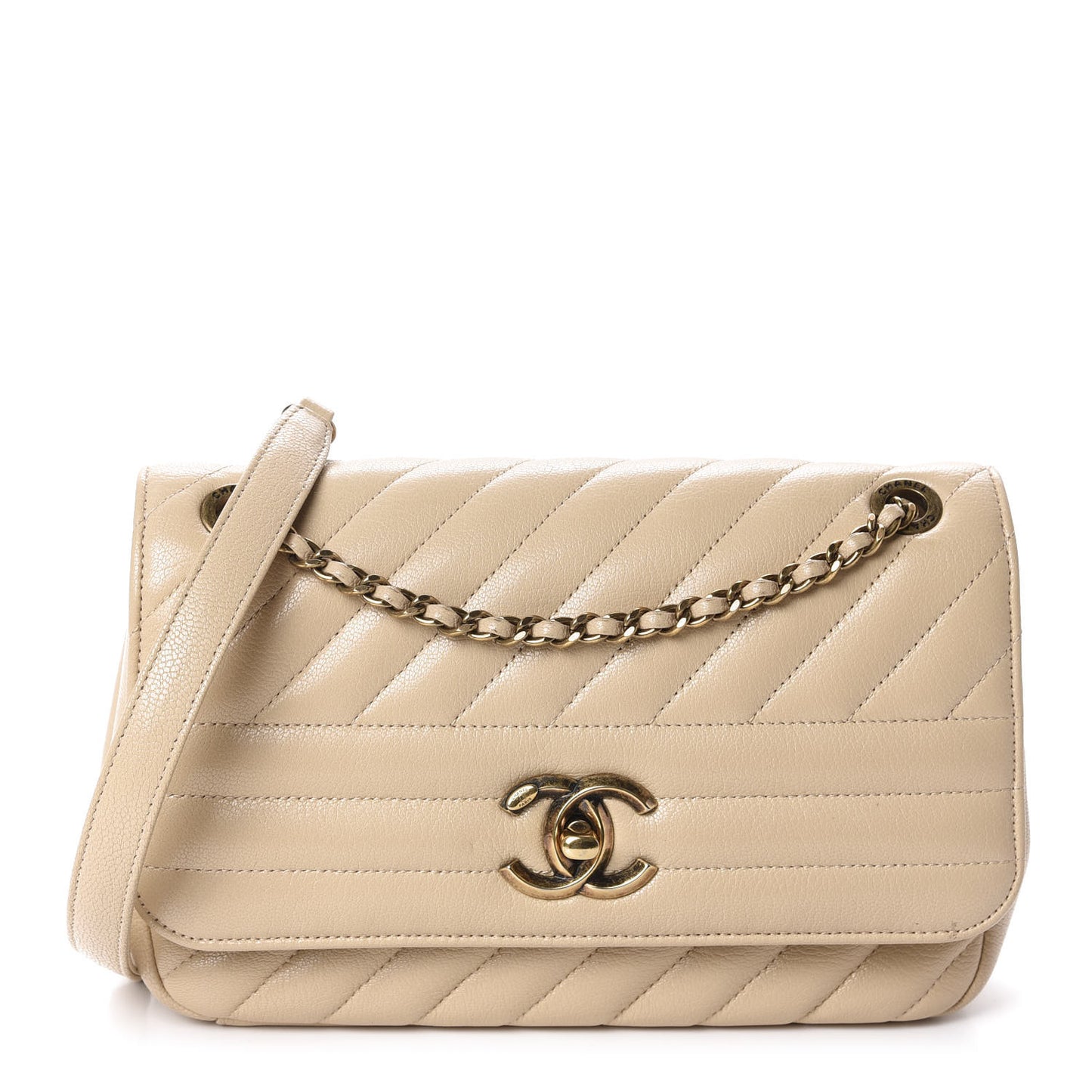 Shiny Goatskin Diagonal Quilted Small Flap Beige