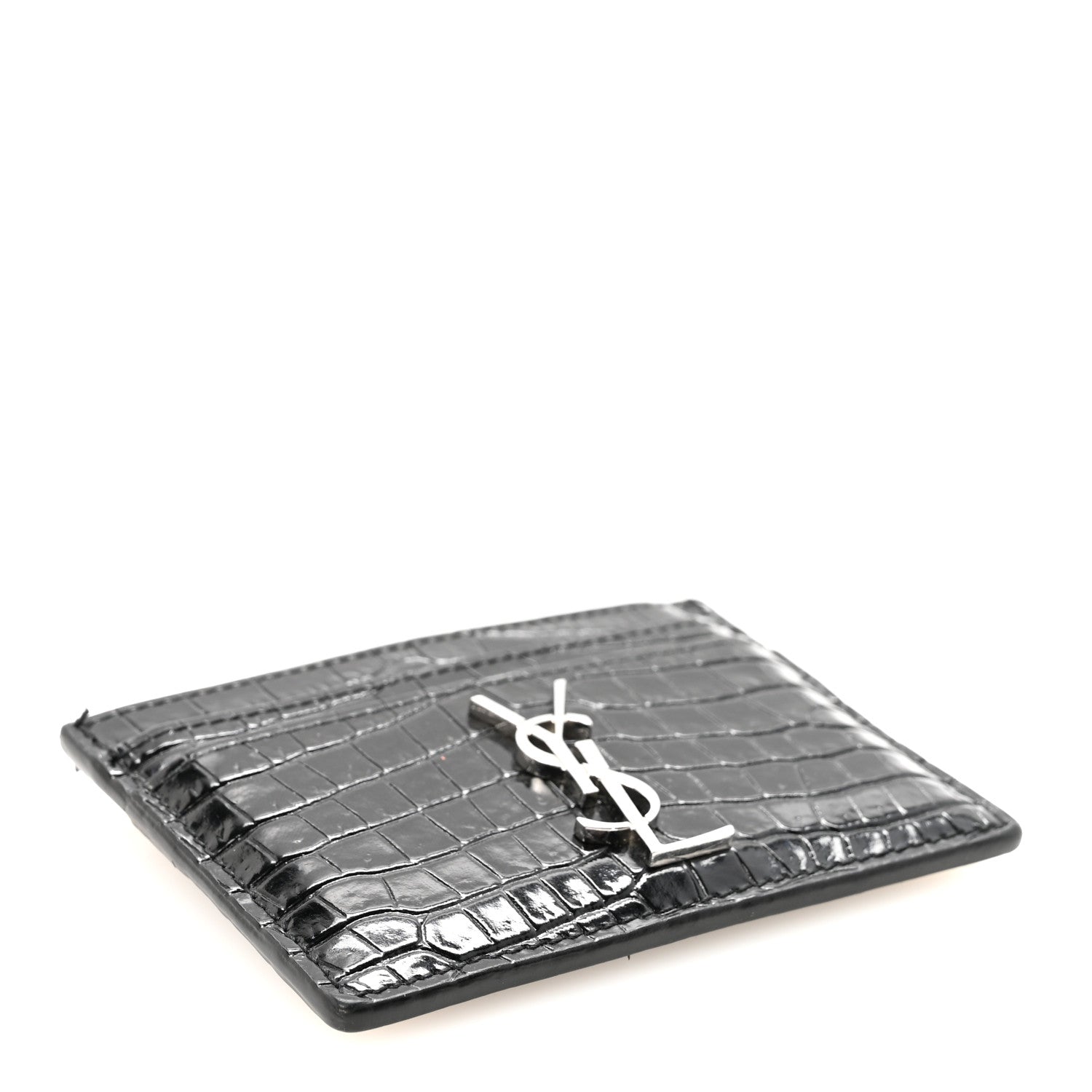 Saint Laurent Calfskin Crocodile Embossed Monogram Credit Card Case Black 4 of 8