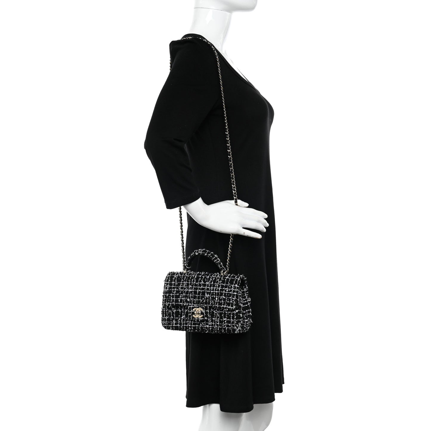 Tweed Quilted Mini Top Handle Rectangular Flap Black White