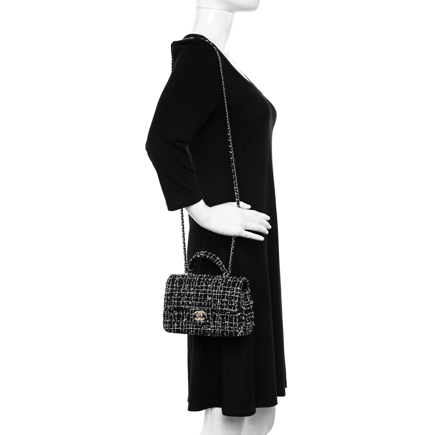 Chanel Tweed Quilted Mini Top Handle Rectangular Flap Black White 2 of 12