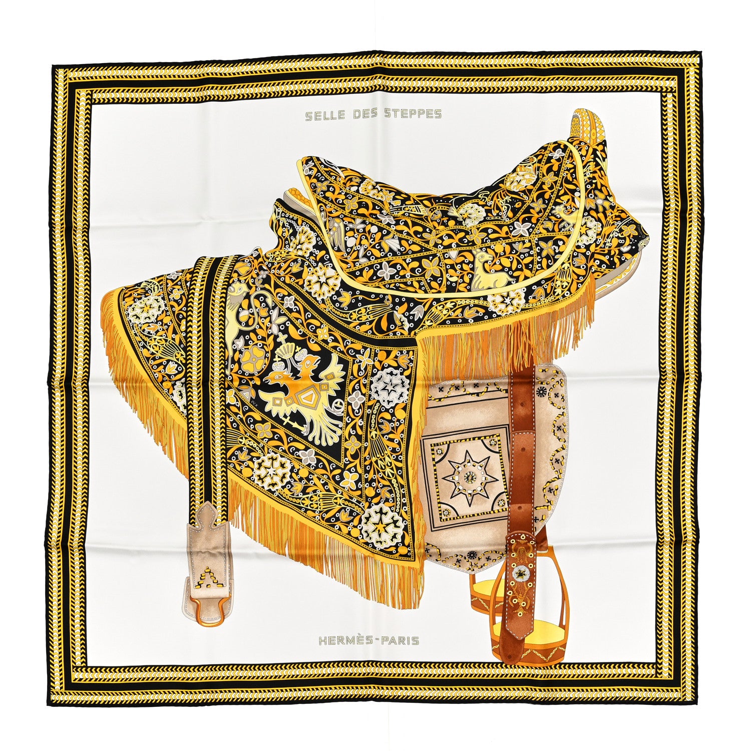 Hermes Silk Selle Des Steppes Scarf 90 White Or Black 1 of 3