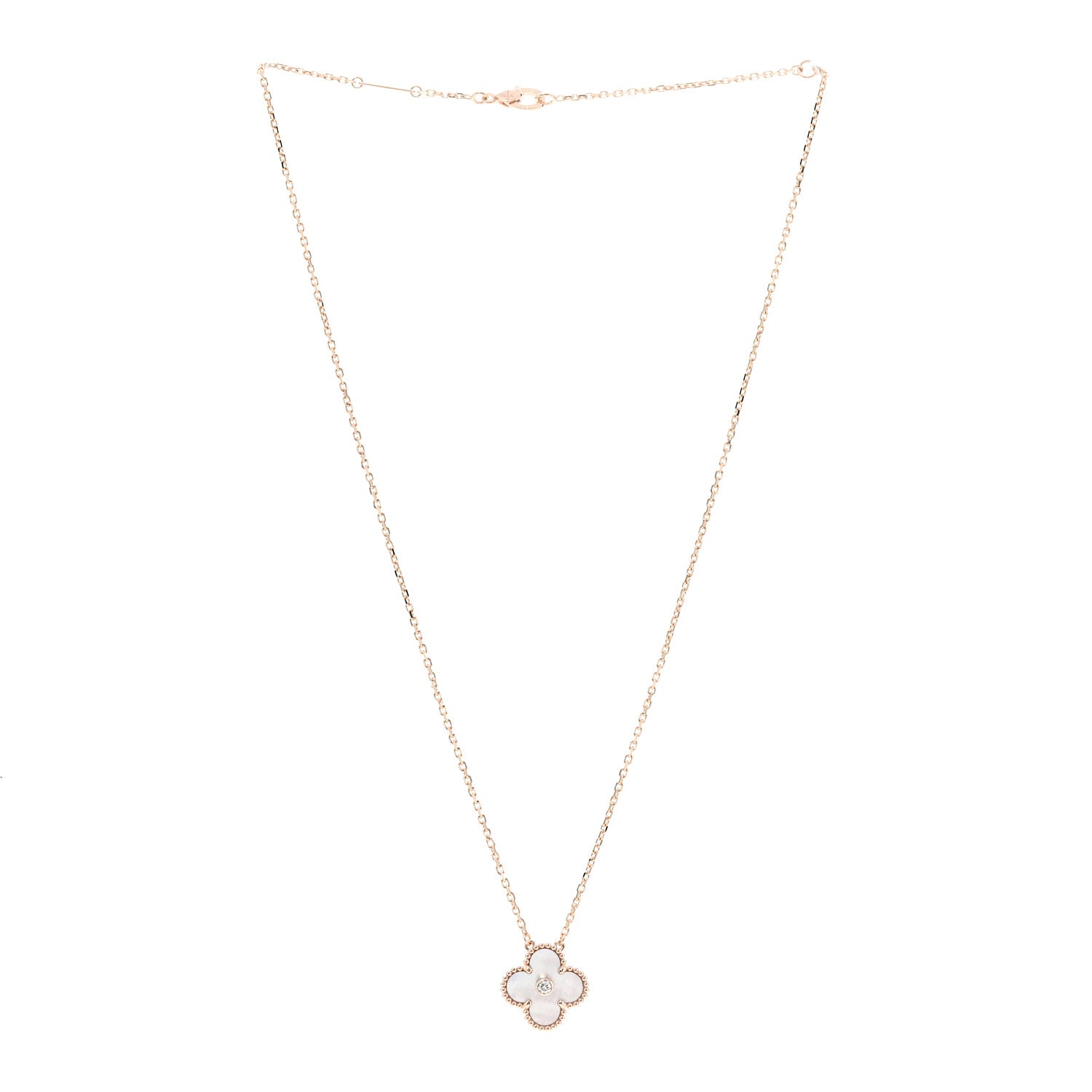 Van Cleef & Arpels 18K Rose Gold Diamond Pink Mother of Pearl Vintage Alhambra Pendant Necklace 3 of 8