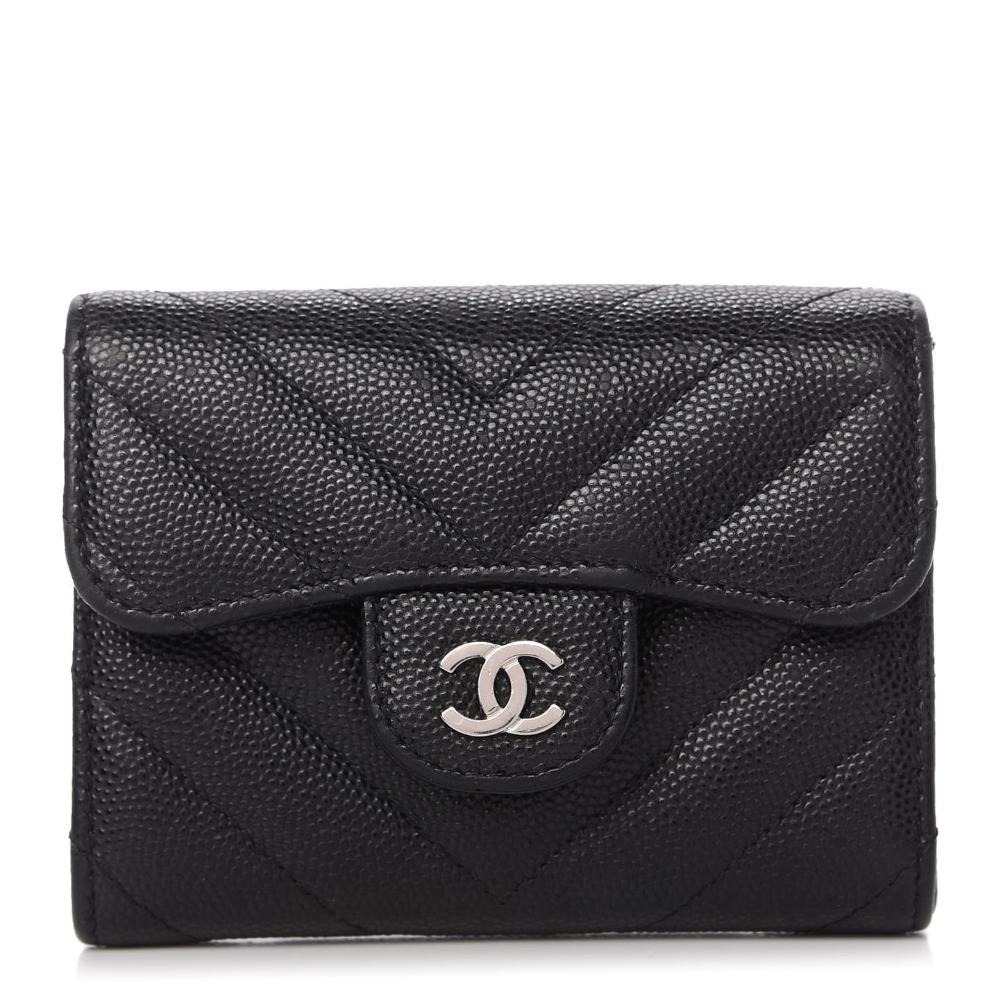 Caviar Chevron Quilted Card Holder Wallet Black