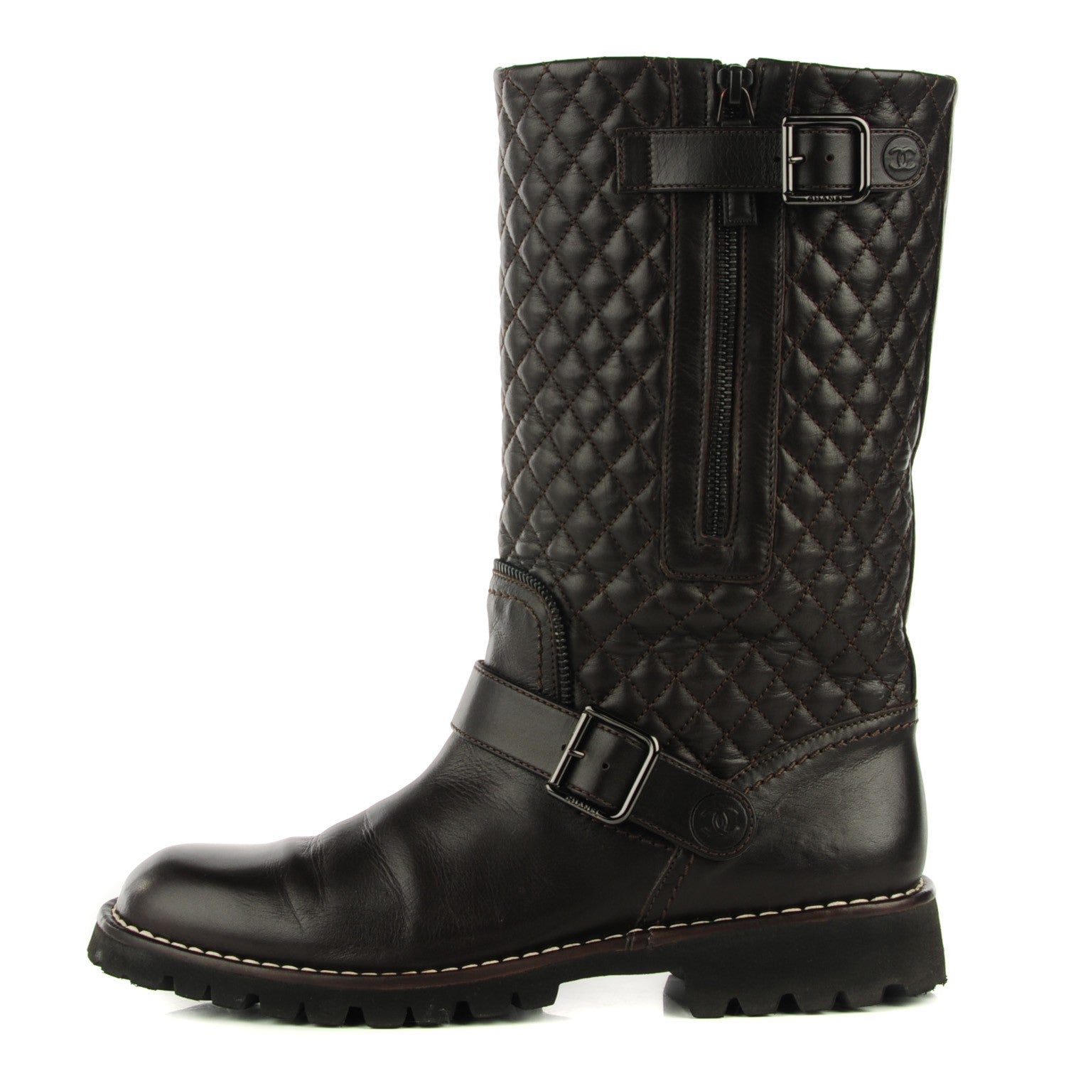 Chanel Calfskin Quilted Biker Boots 40 Dark Brown 1 of 10