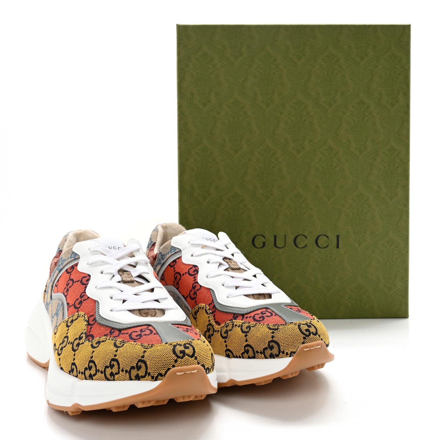 Gucci Monogram Multicolor Mens Rhyton Sneakers 10 Yellow Blue Great White Tabasco 10 of 10
