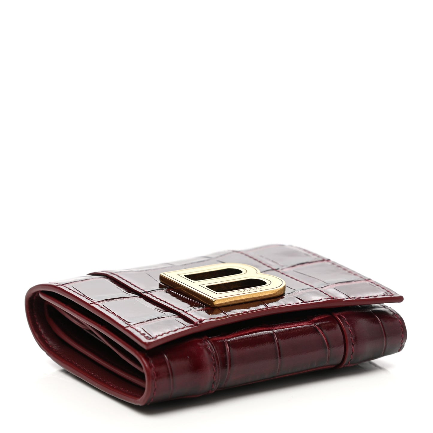 Shiny Calfskin Crocodile Embossed Hourglass Compact Wallet Dark Red