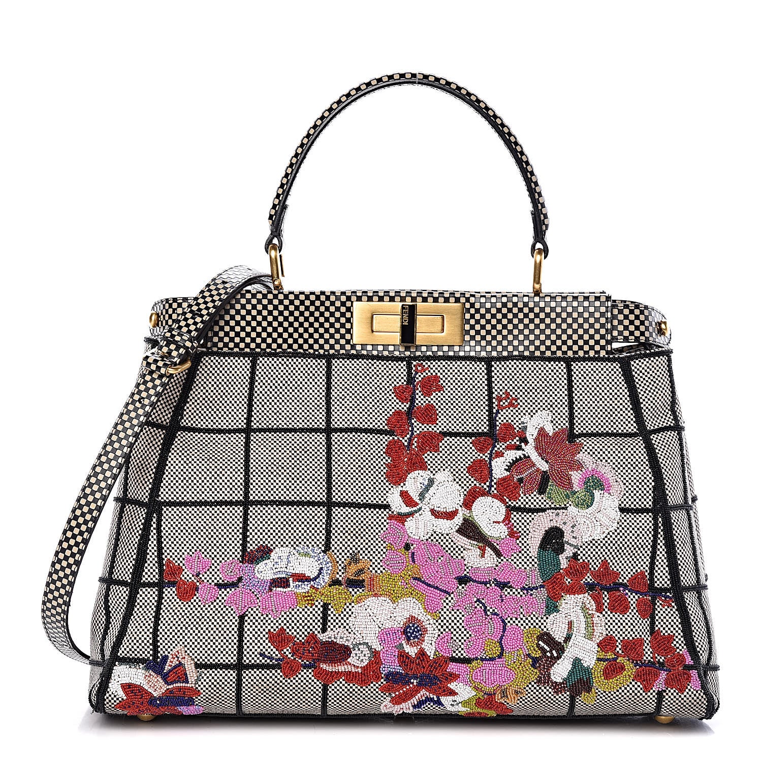 Fendi Canvas Calfskin Embroidered Medium Peekaboo Iconic Satchel Black Beige Multicolor 1 of 10