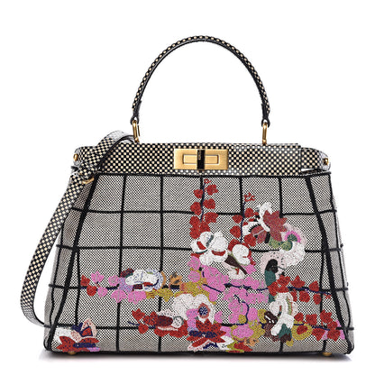 Fendi Canvas Calfskin Embroidered Medium Peekaboo Iconic Satchel Black Beige Multicolor 1 of 10