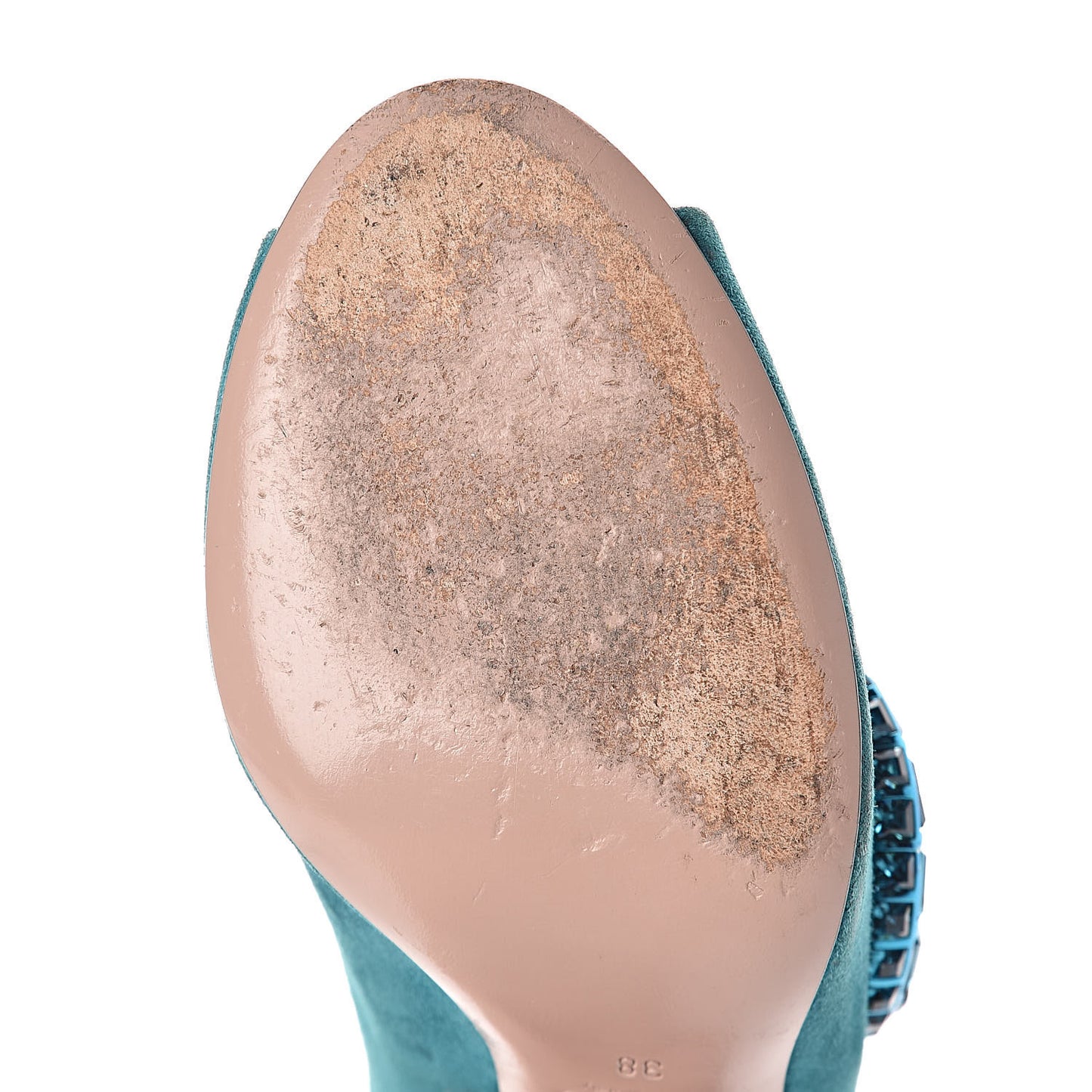 Suede Crystal Maxine Horsebit High Heel Slides 38 Dusty Turquoise