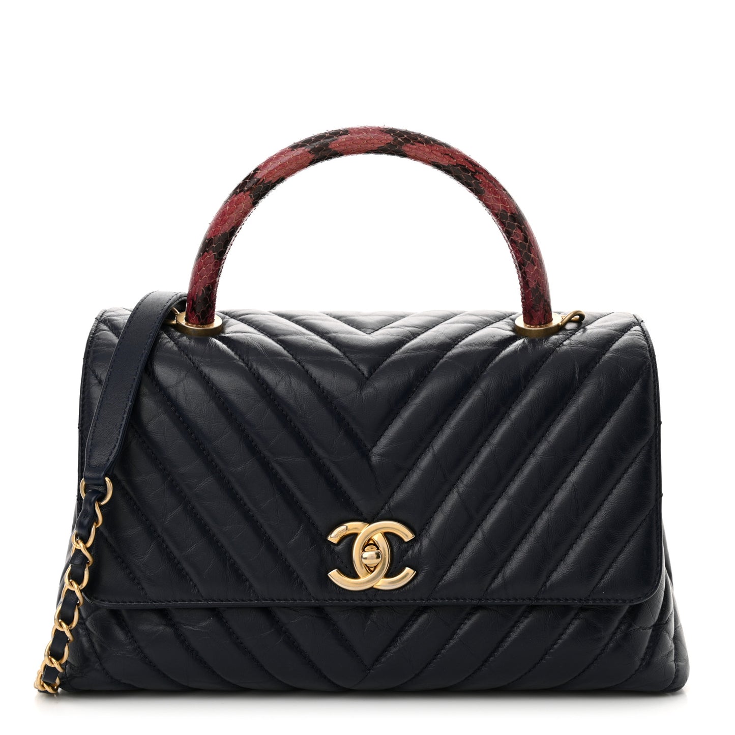 Aged Calfskin Elaphe Chevron Quilted Small Coco Handle Flap Navy