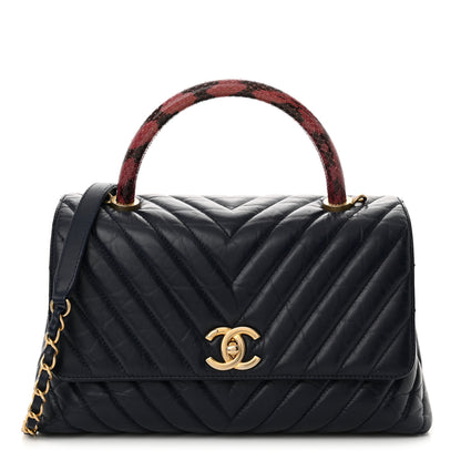 Chanel Aged Calfskin Elaphe Chevron Quilted Small Coco Handle Flap Navy 1 of 16