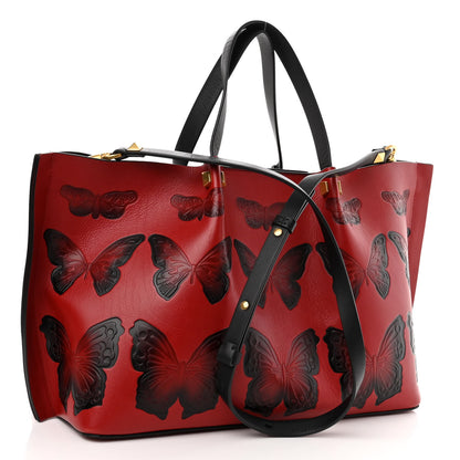 Valentino Garavani Grained Calfskin Butterfly Embossed Medium VLogo Escape Shopper Bag Red Black 3 of 10