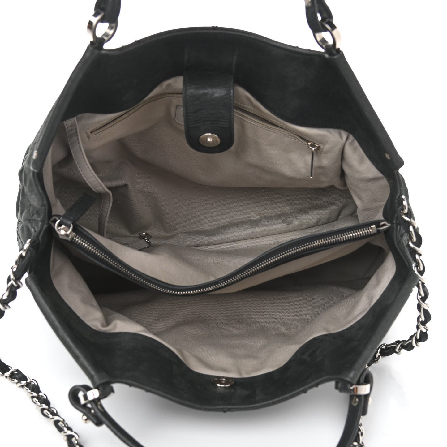 Iridescent Calfskin Stitched CC Shopping Tote Black