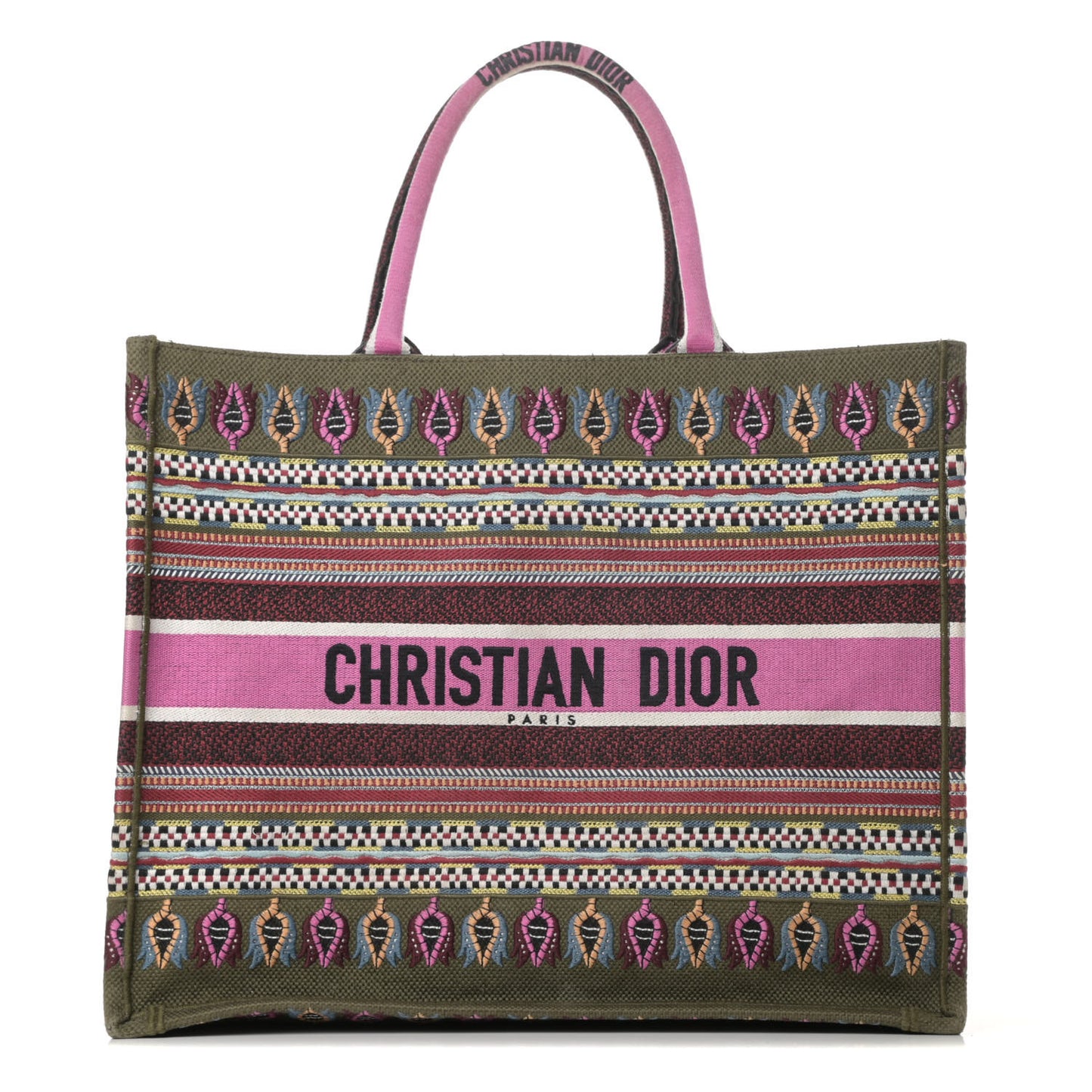 Canvas Embroidered Book Tote Olive Multicolor