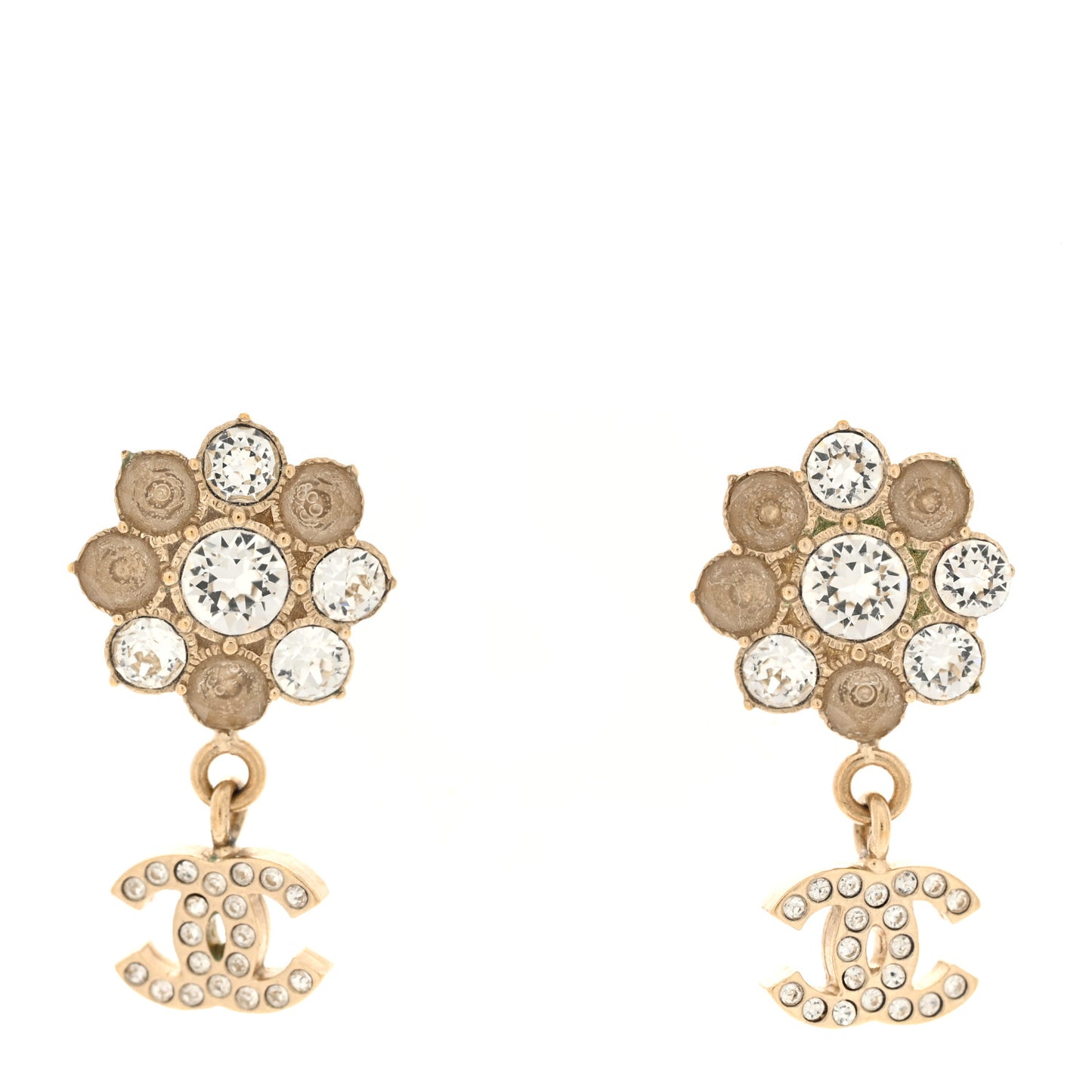 Crystal CC Flower Dangle Earrings Gold Beige