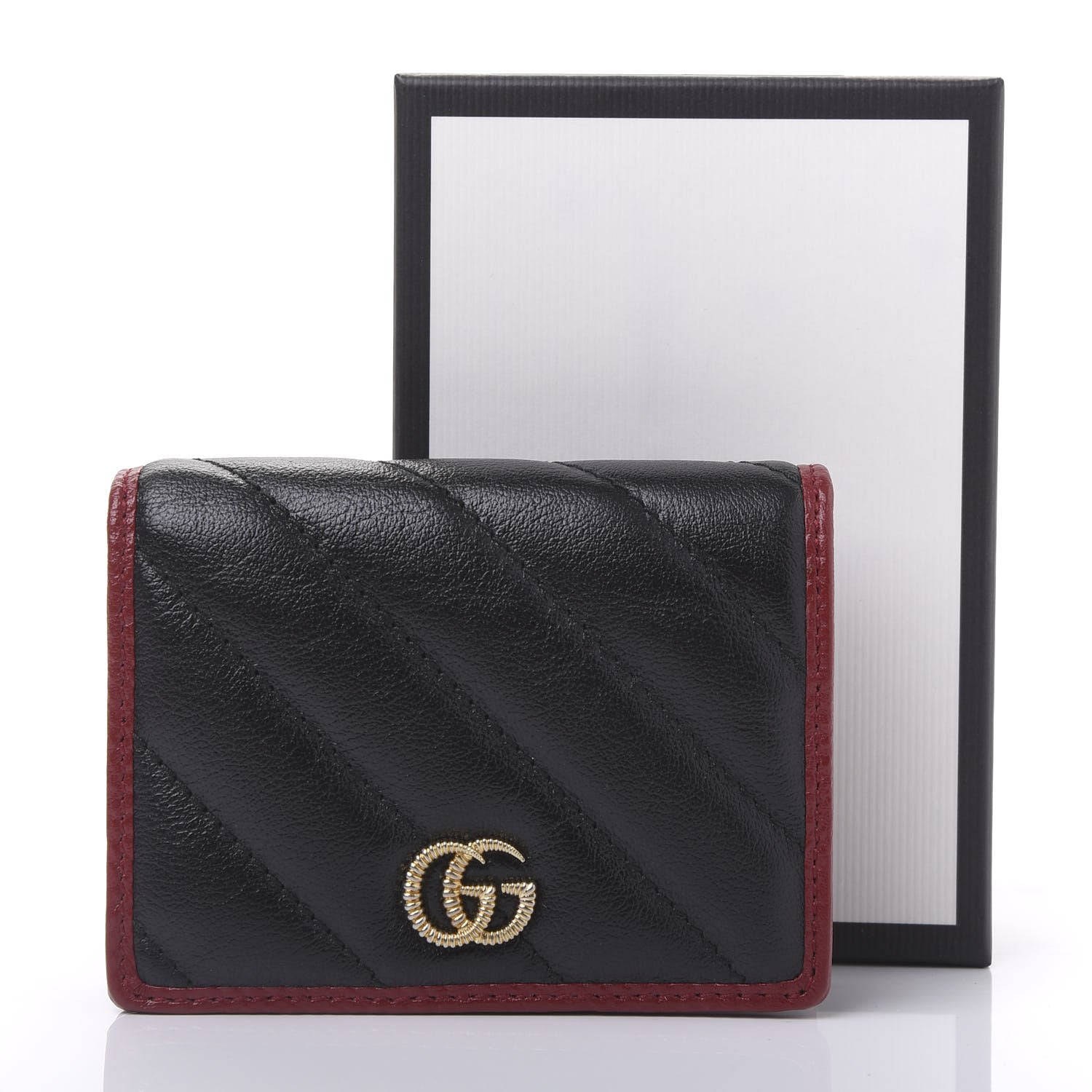 Gucci Vintage Effect Calfskin Matelasse Diagonal Torchon GG Marmont Card Case Wallet Black Romantic Cherry 10 of 10