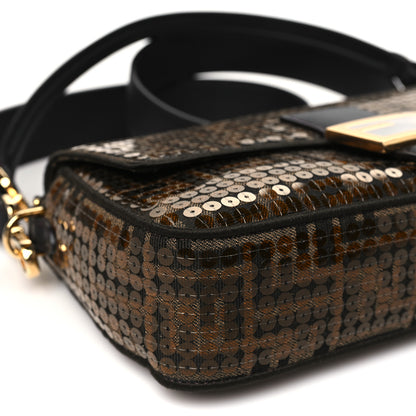 Fendi Fabric Jacquard Paillettes Vitello Seta FF Baguette Testa di Moro Real Ebano 9 of 10