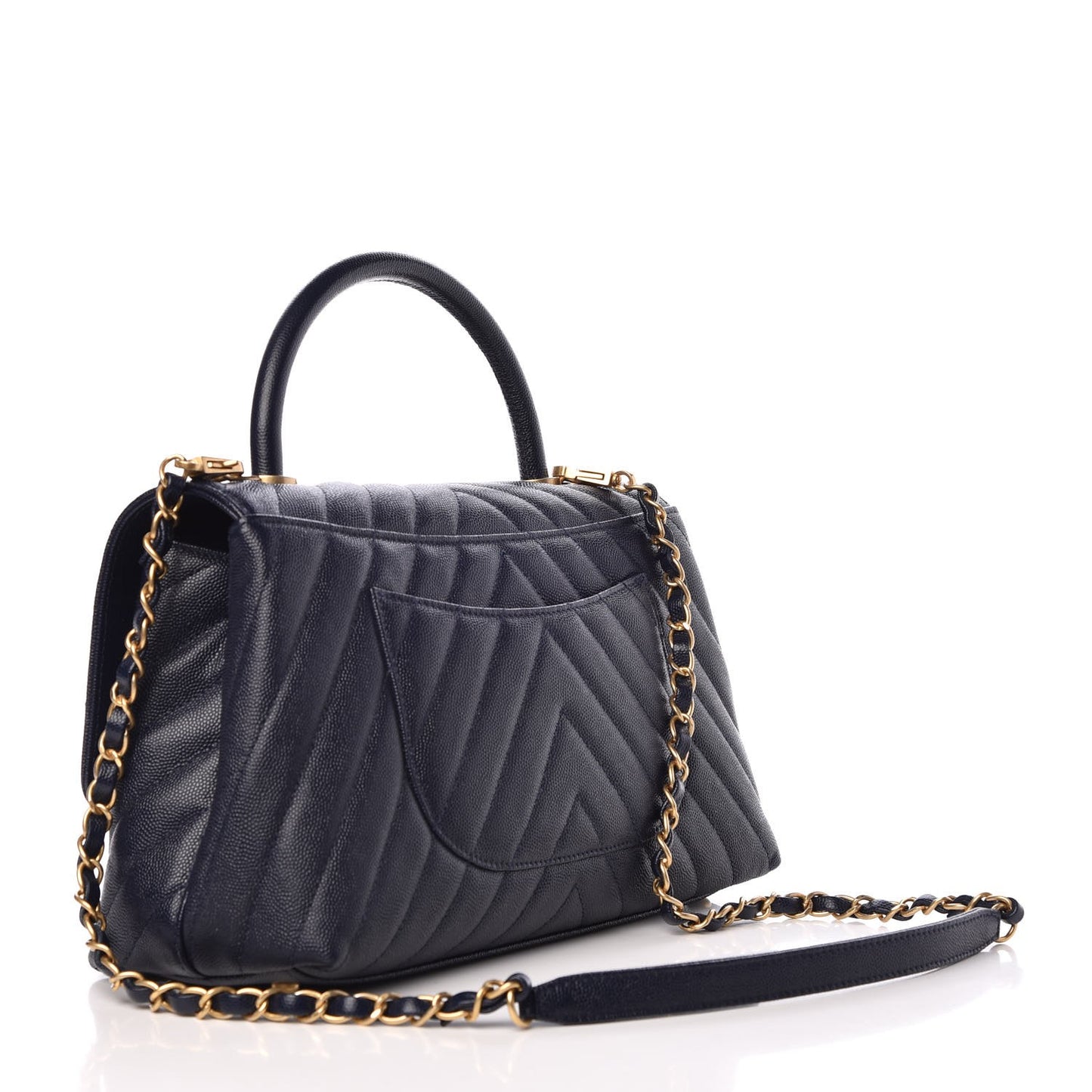 Caviar Chevron Quilted Small Coco Handle Flap Navy