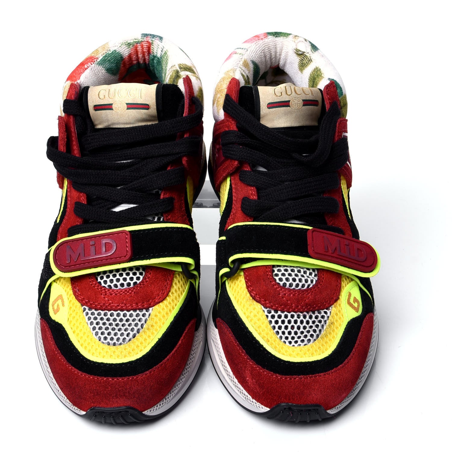 Gucci Suede Calfskin Womens Ultrapace Mid Top Sneakers 37.5 Hibiscus Red Black Neon Yellow Yolk 2 of 7