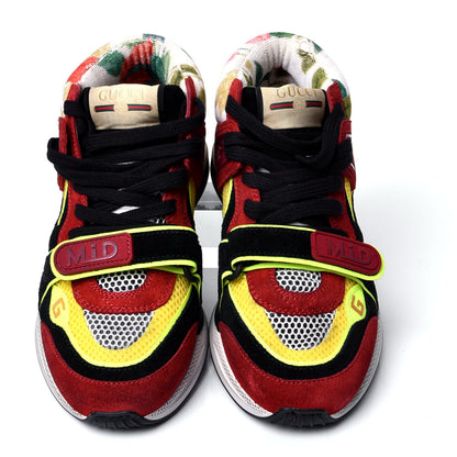 Gucci Suede Calfskin Womens Ultrapace Mid Top Sneakers 37.5 Hibiscus Red Black Neon Yellow Yolk 2 of 7