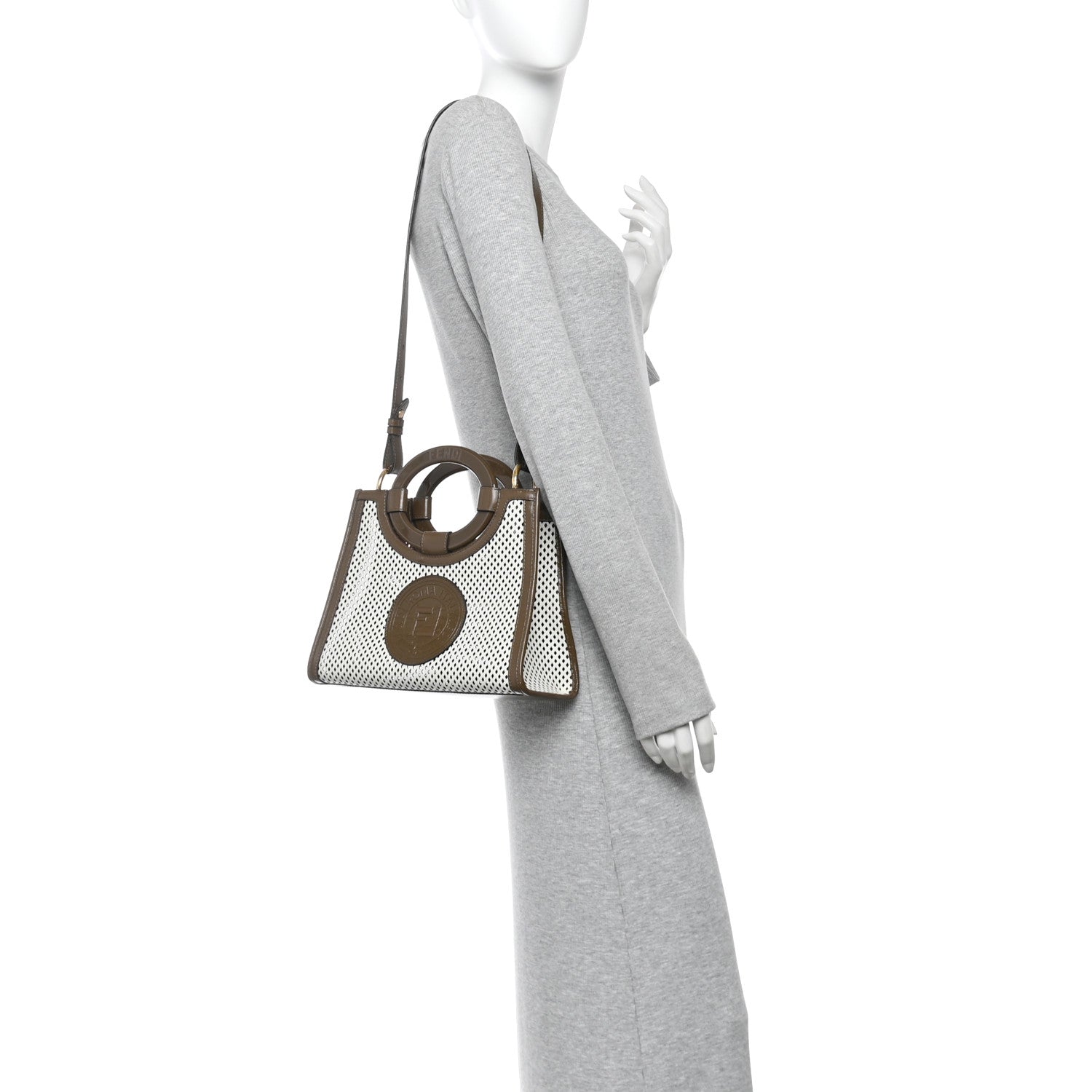 Fendi Vitello Liberty Glossy Lambskin Perforated Small Runaway Shopper Tote White Ice Rust Maya 2 of 10