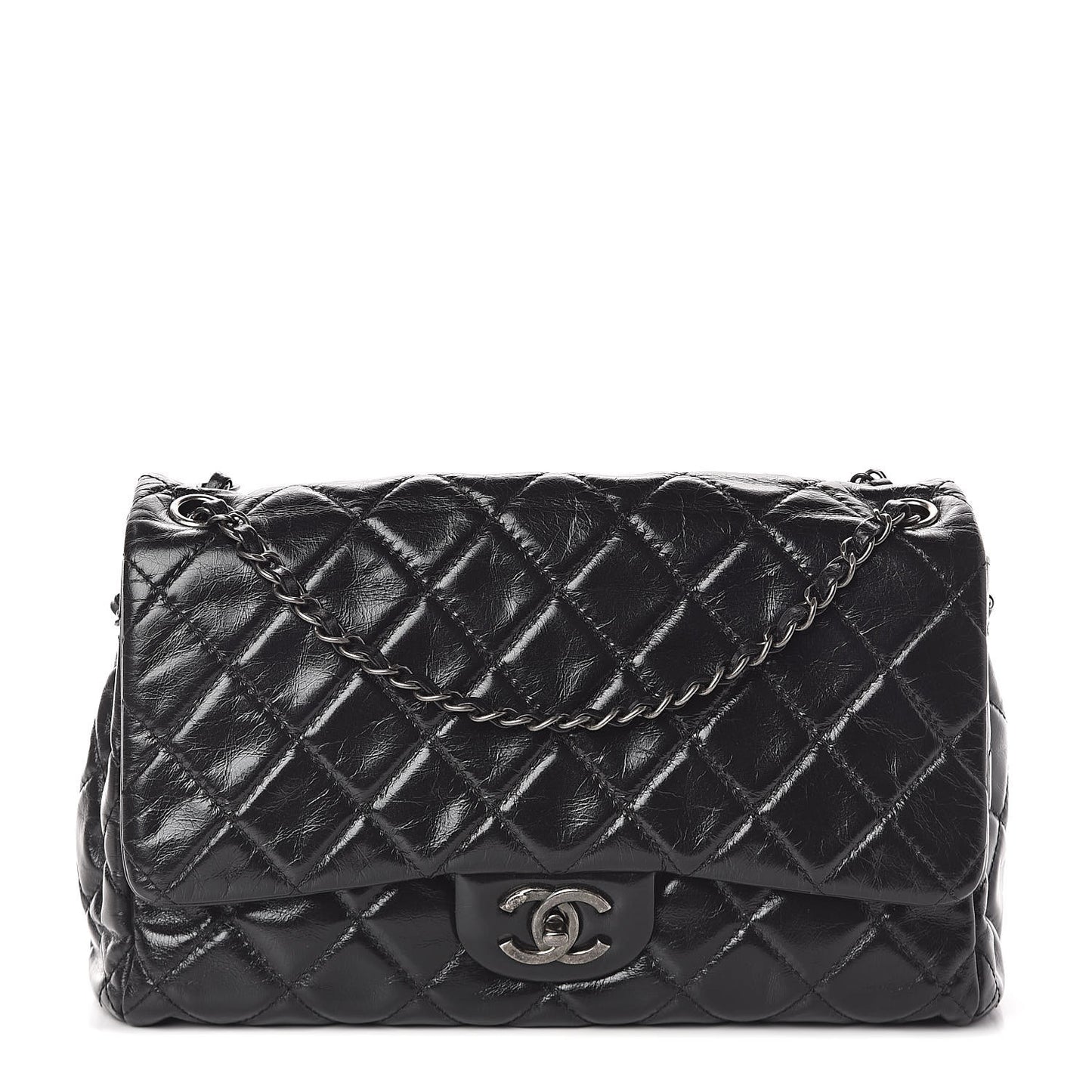 Glazed Calfskin Quilted Large Coco Soft Flap Black