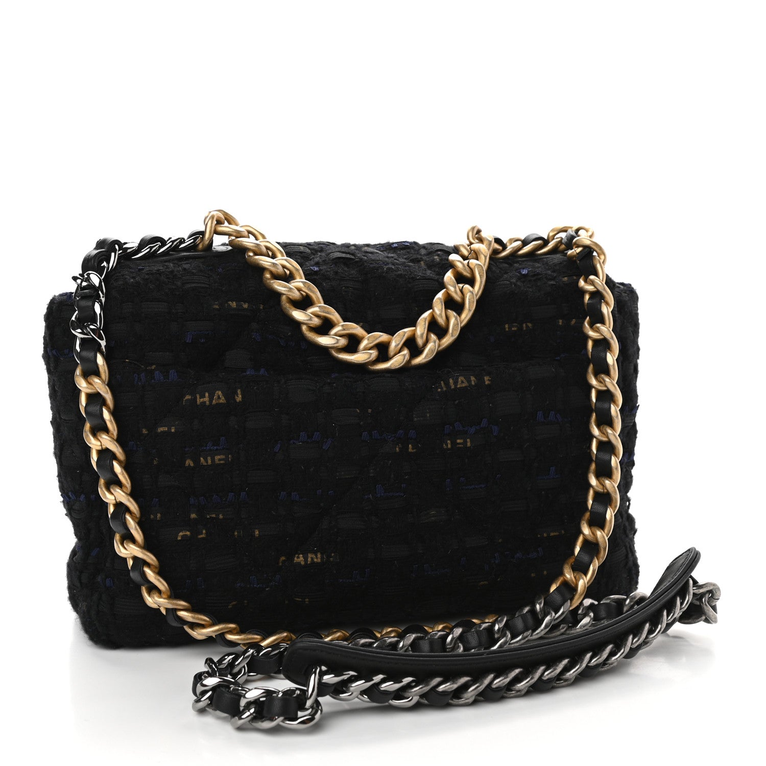 Chanel Tweed Quilted Medium Chanel 19 Flap Black Navy Gold 3 of 9