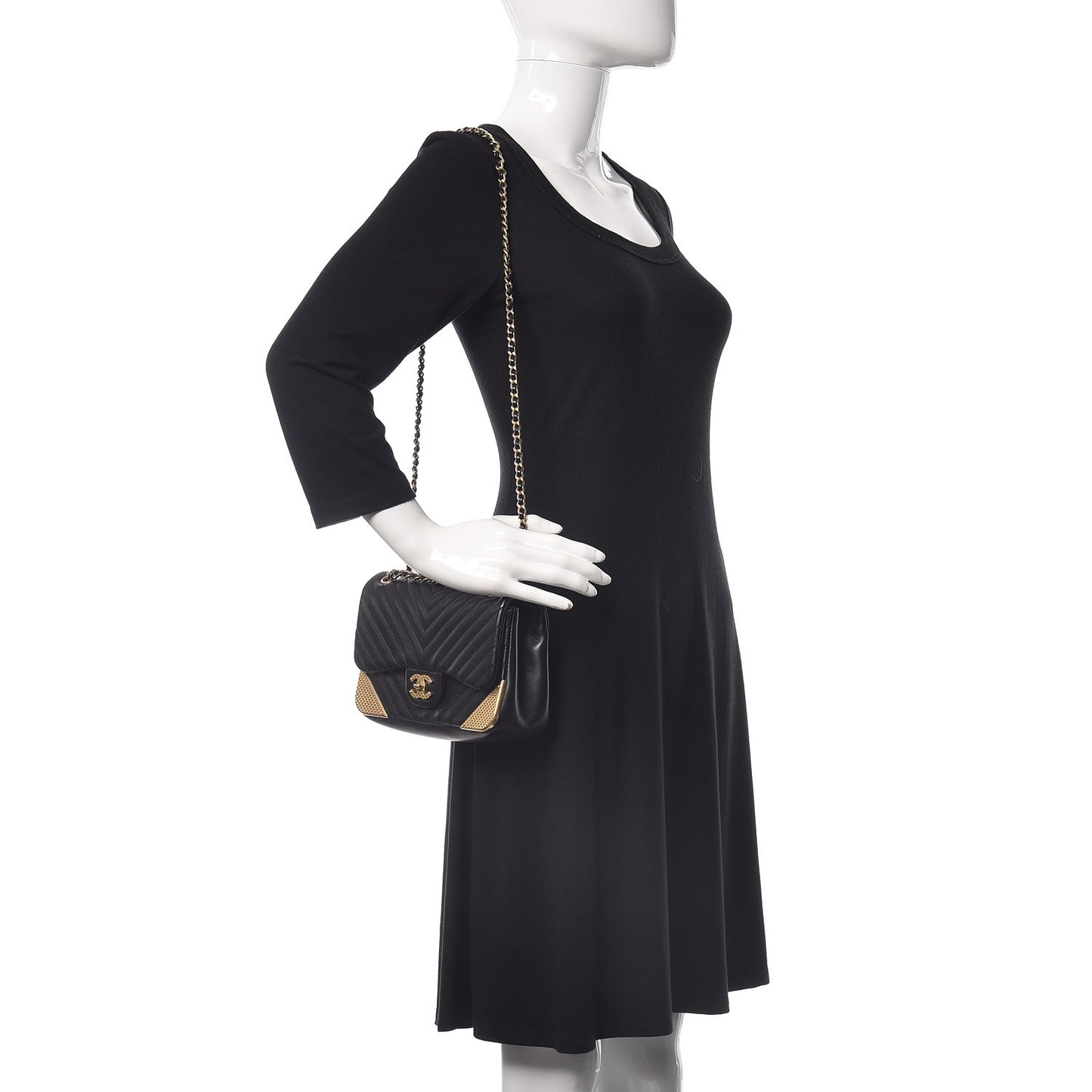 Calfskin Chevron Quilted Mini Rock The Corner Flap Black